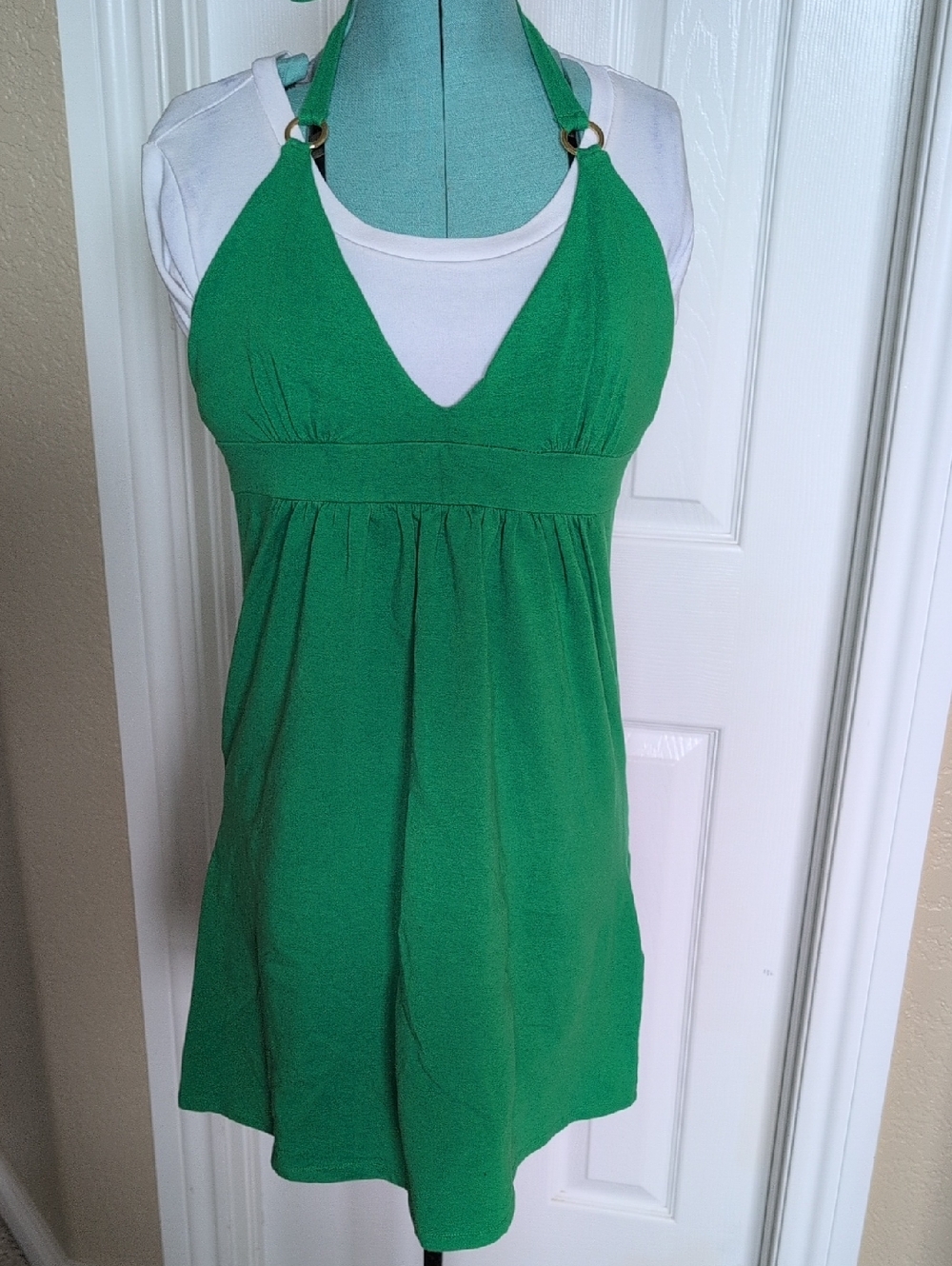 Kelly Green Halter Dress With Gold Hoop Accents
